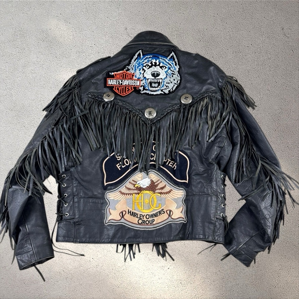 Vintage Shaf Front Leather Biker Jacket Size‎ 46 Harley Patches Motorcycle Club